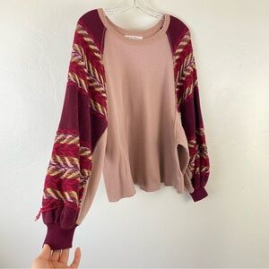 Free People Size Small Pink & Red Ribbed Knit Bubble Sleeve Oversize Thermal Top